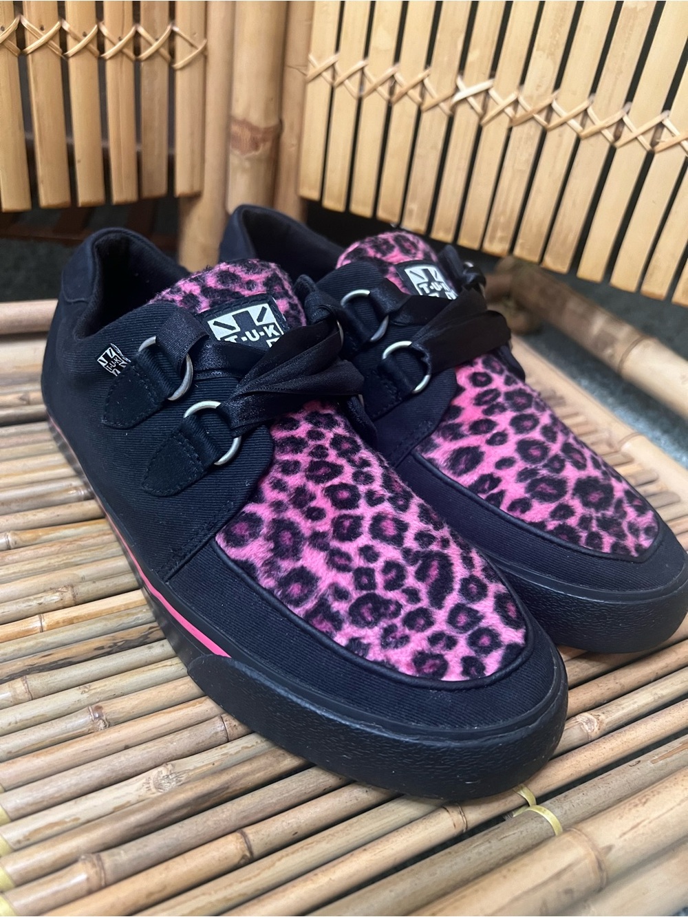 T.U.K Black Shoes with pink leopard print White Skull & Bone Soles
